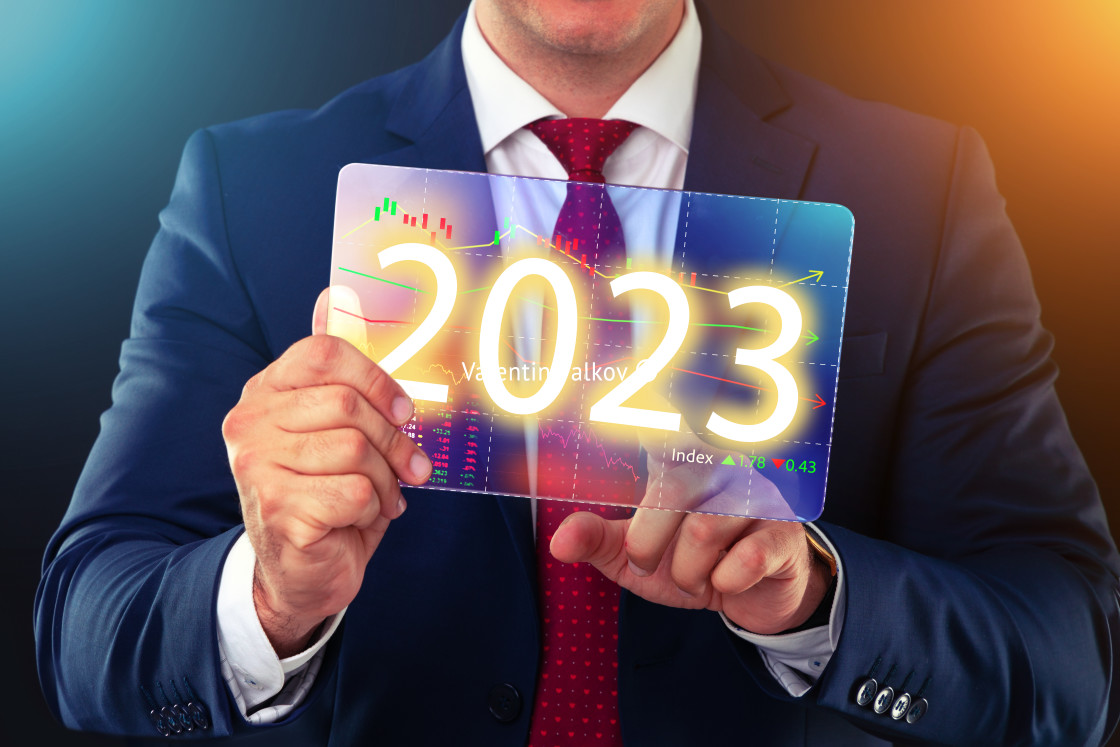 "Businessman working with future technology screen, new year 2023" stock image