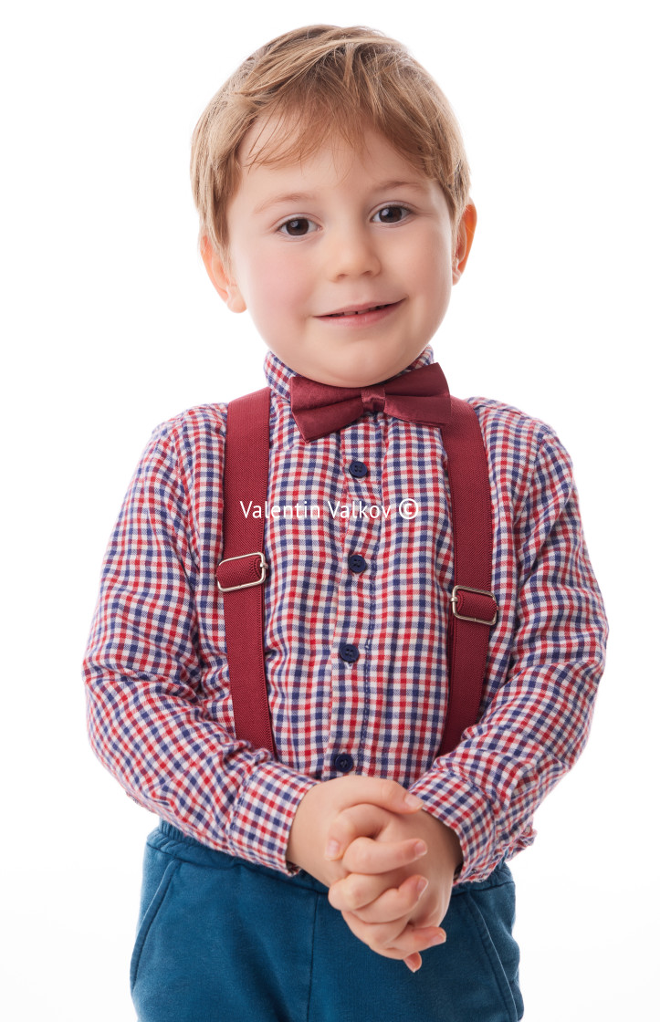 "Good baby boy with tie and suspender in Santa Claus cloth, Chris" stock image