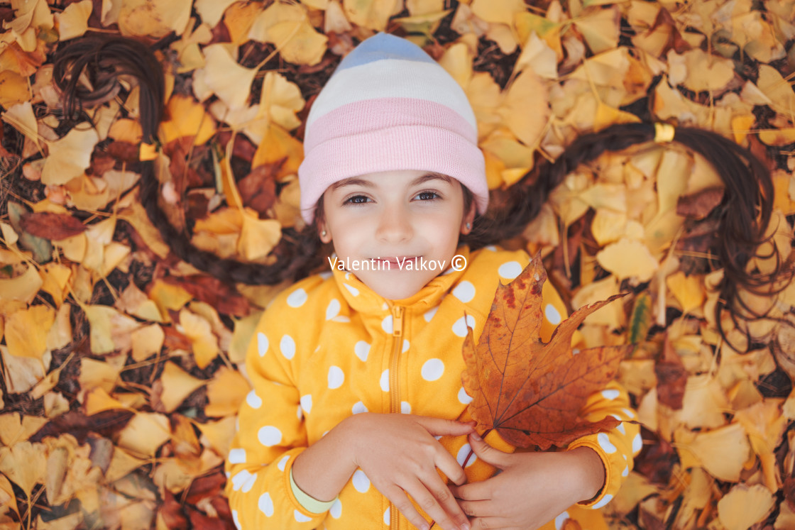 "Beautiful little girl playing in fallen colourful autumn leaves" stock image