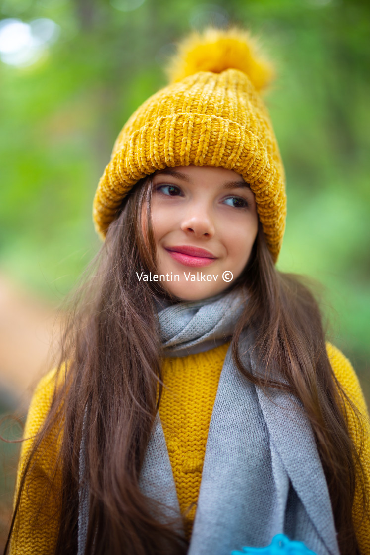 "Portrait of beautiful girl or young woman outdoor in autumn fore" stock image