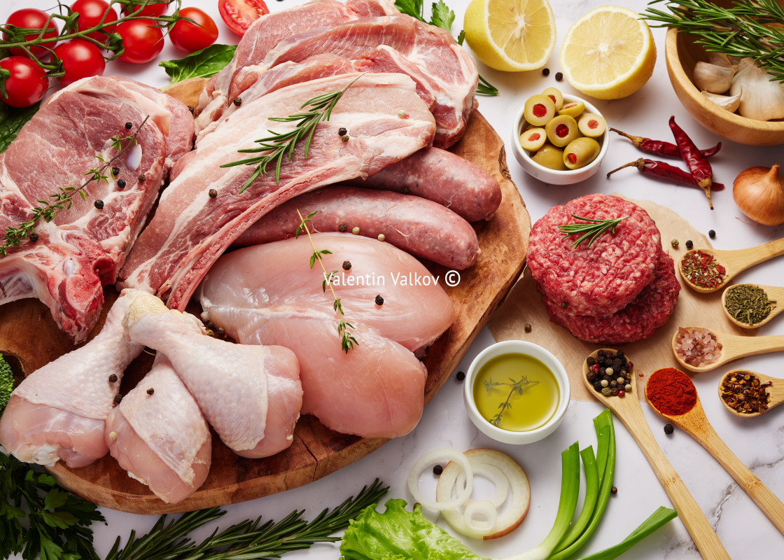 "Fresh Meat Food background. Pork meat, ribs, beef steak burger," stock image