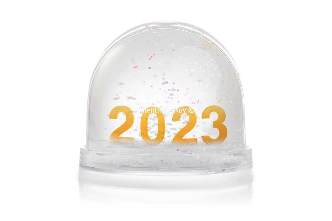 "Paperweight with glitter isolated on white. Happy new year 2023" stock image