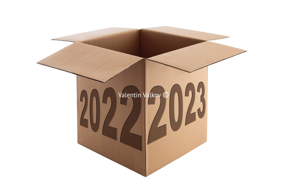 "Happy New Year 2023 concept, lettering on the Open Cardboard box" by Valentin Valkov - $24.52 "Happy New Year 2023 concept, lettering on the Open Cardboard box" stock image