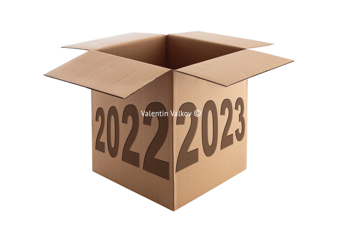 "Happy New Year 2023 concept, lettering on the Open Cardboard box" stock image