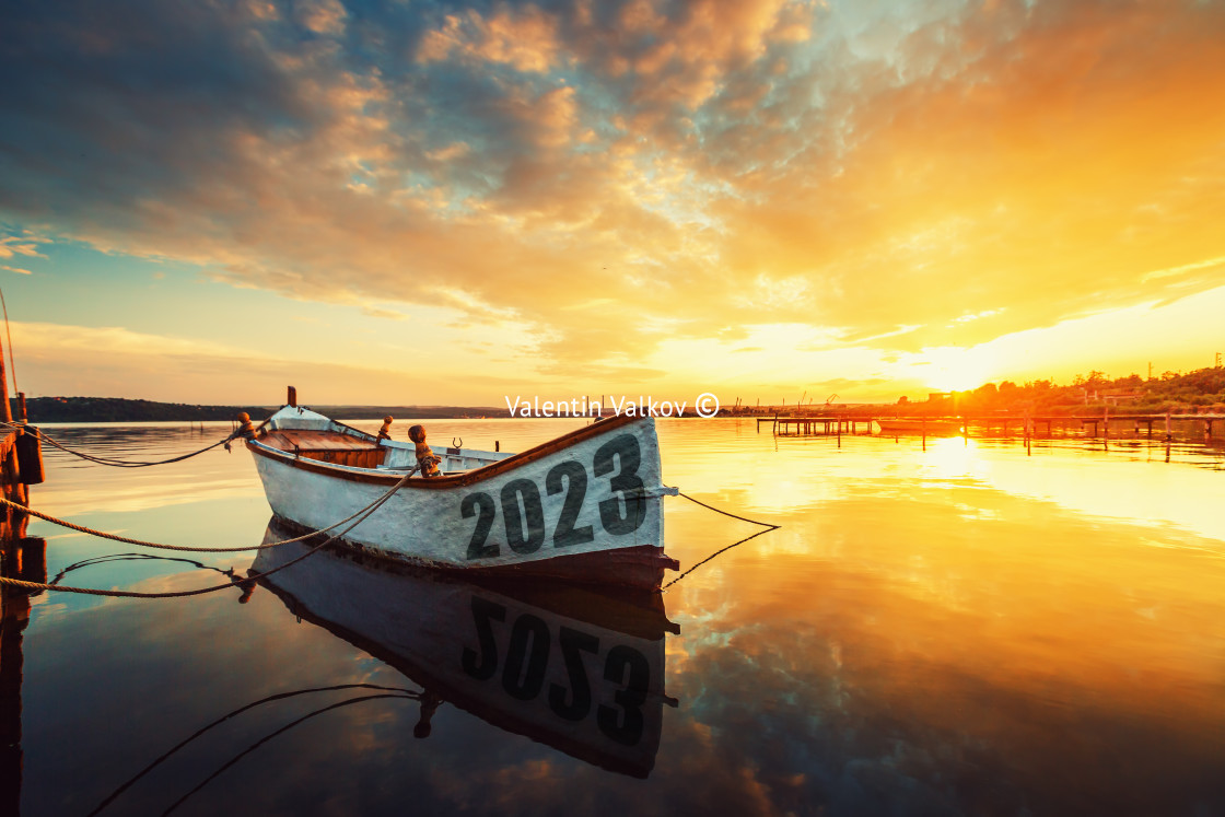 "2023 concept Fishing Boat on Varna lake with a reflection in the" stock image