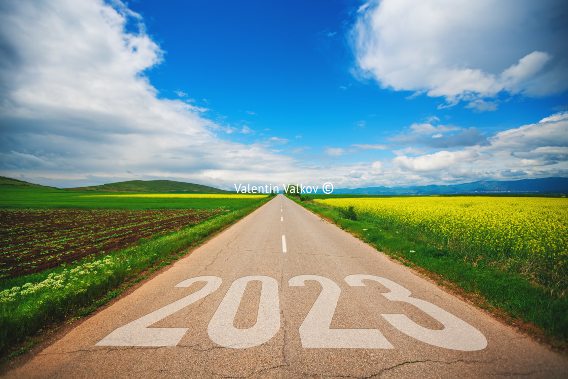 "Concept for 2023 Driving on an empty asphalt road at beautiful s" stock image