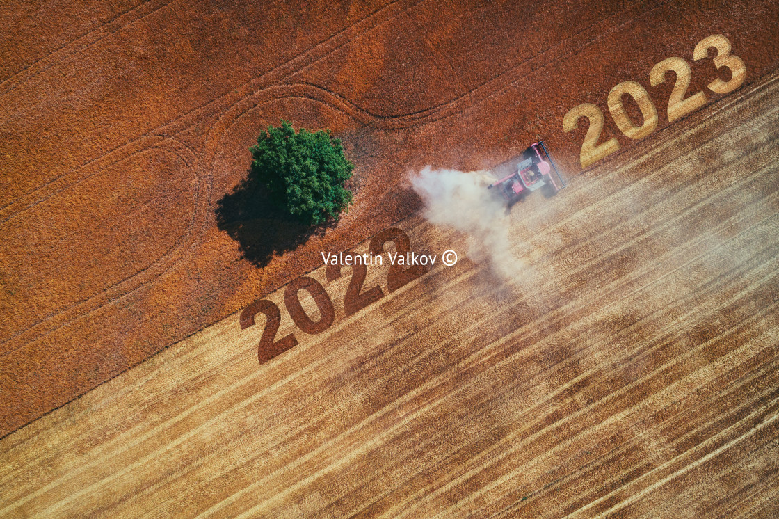 "2023 Happy new year concept of aerial view on the combine workin" stock image