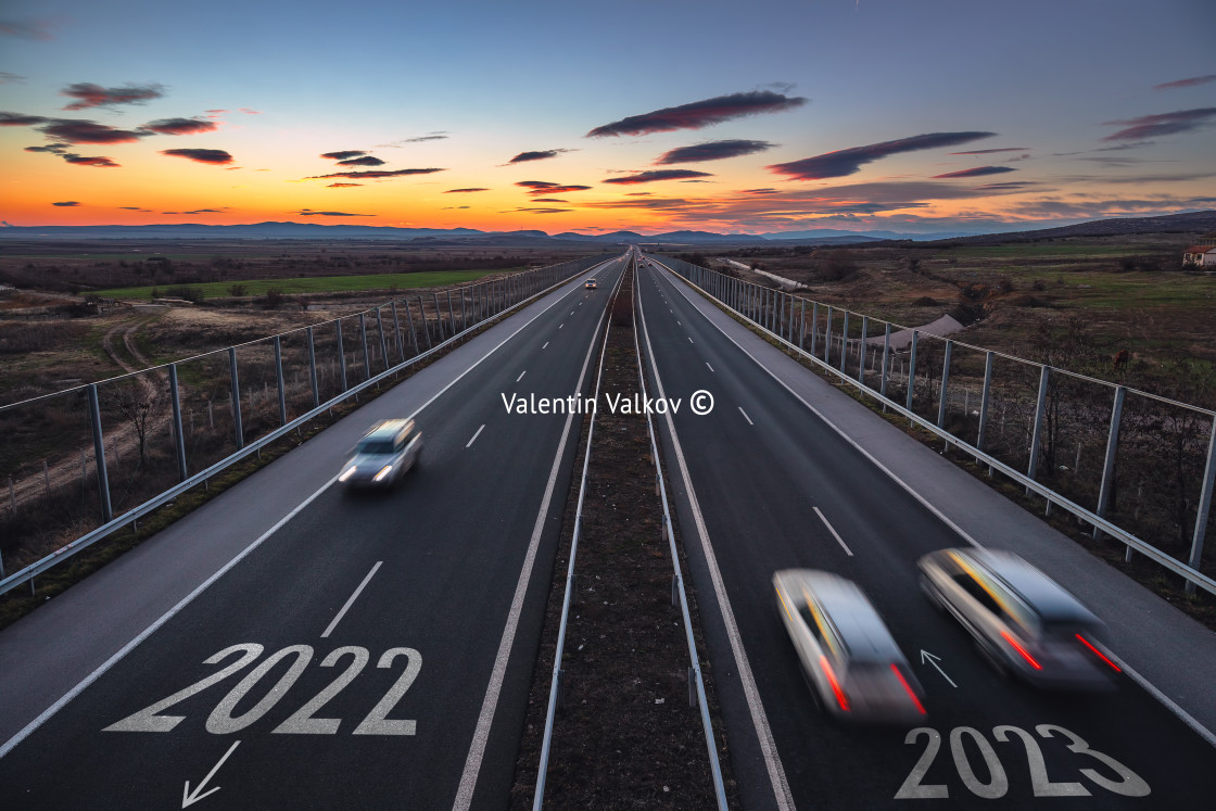 "Driving on open road at beautiful sunny day to new year 2023. Ae" stock image