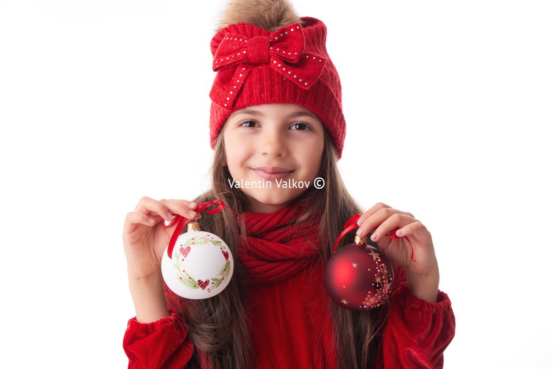 "Smiling woman with Christmas tree shining balls, girl posing in" stock image