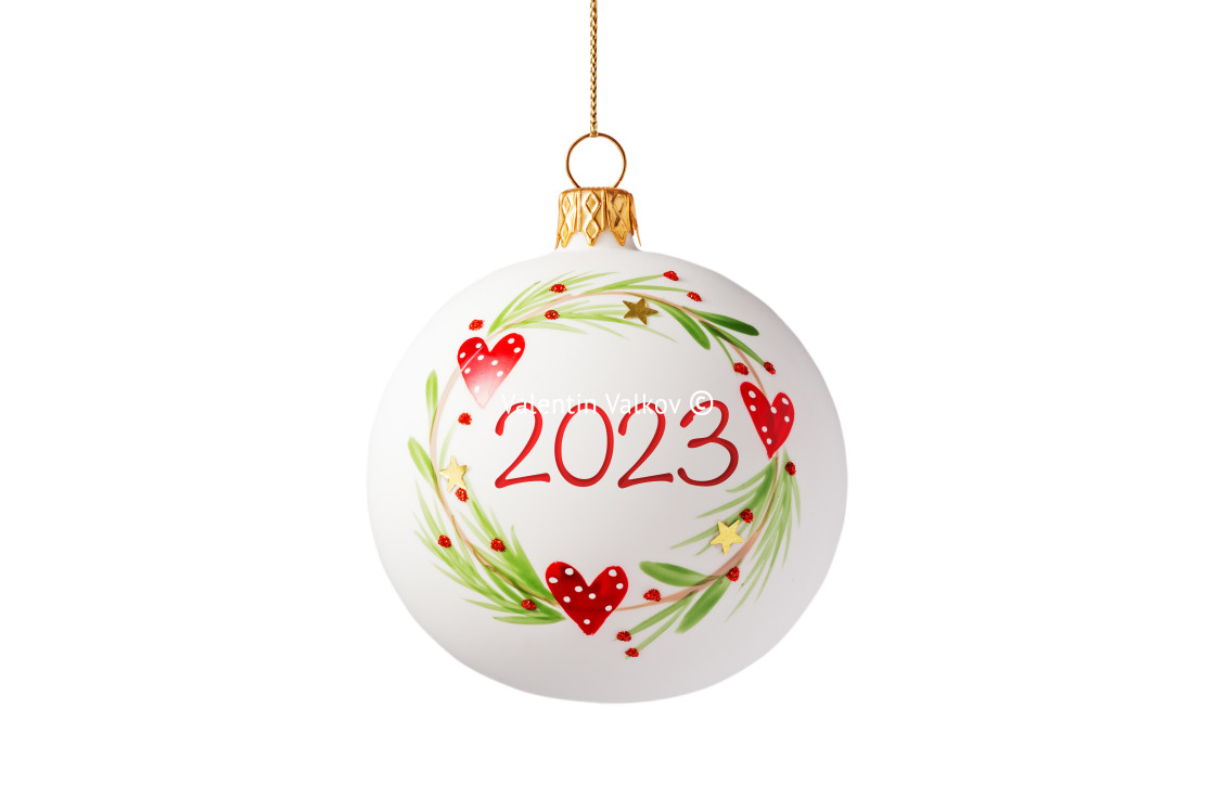 "2023 Happy new year. Christmas tree decorated ball isolated on w" stock image