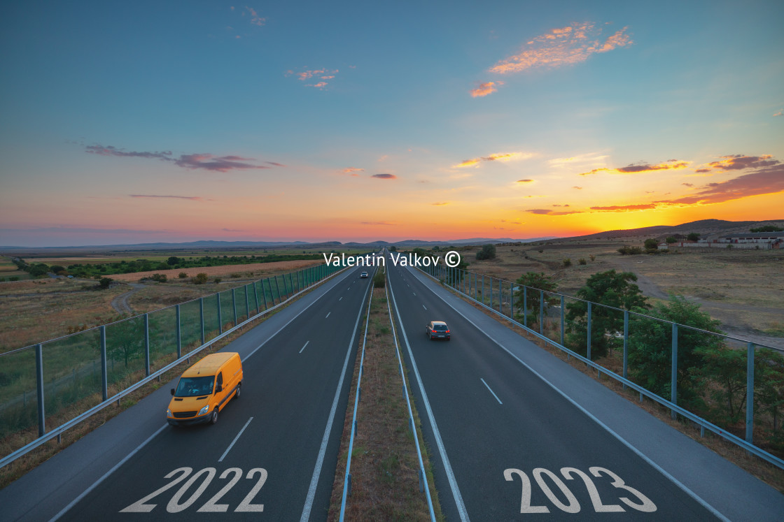 "Driving on open road at beautiful sunny day to new year 2023. Ae" stock image