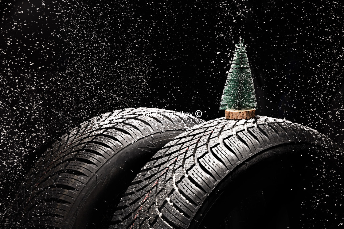 "Winter Car tire for snow, forest pine tree and snowflakes isolat" stock image