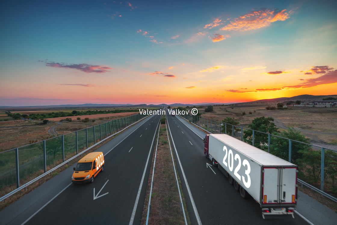 "Driving on open road at beautiful sunset. Aerial view" stock image