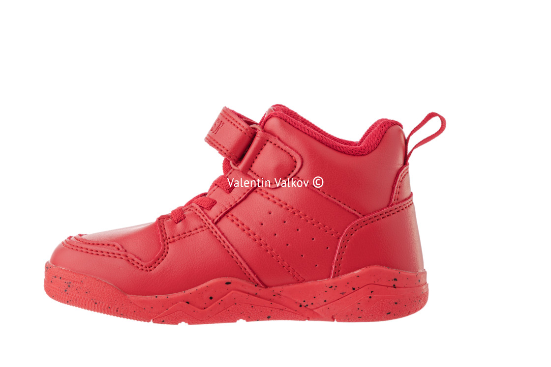 "Red kids shoes. Sport sneakers isolated on white background" stock image