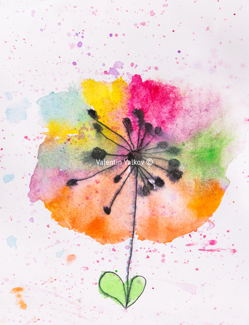 "Aquarelle watercolor painting of cute flowers on water painting on canvas" stock image