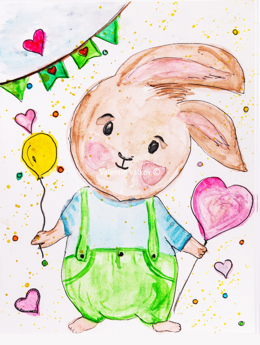 "Aquarelle watercolor painting of cute bunny painting on canvas with love hearts, splatters and balloon in hand" stock image