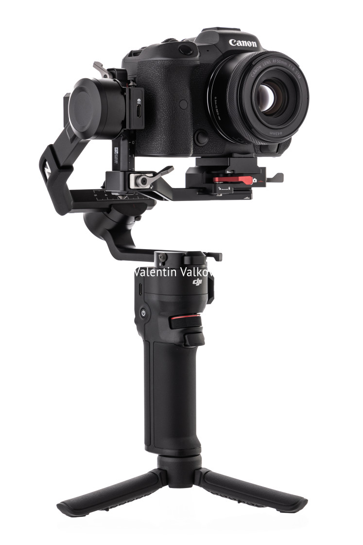 "Canon R5 and DJI Ronin 3 mini isolated on white" stock image