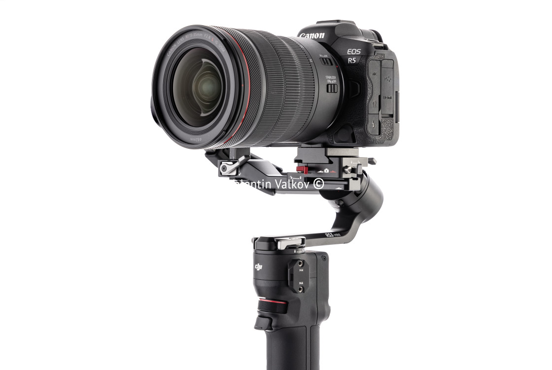 "Canon R5 and DJI Ronin 3 mini isolated on white" stock image