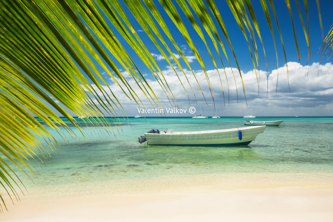 "Carribean sea and boat on the shore, beautiful panoramic view" stock image