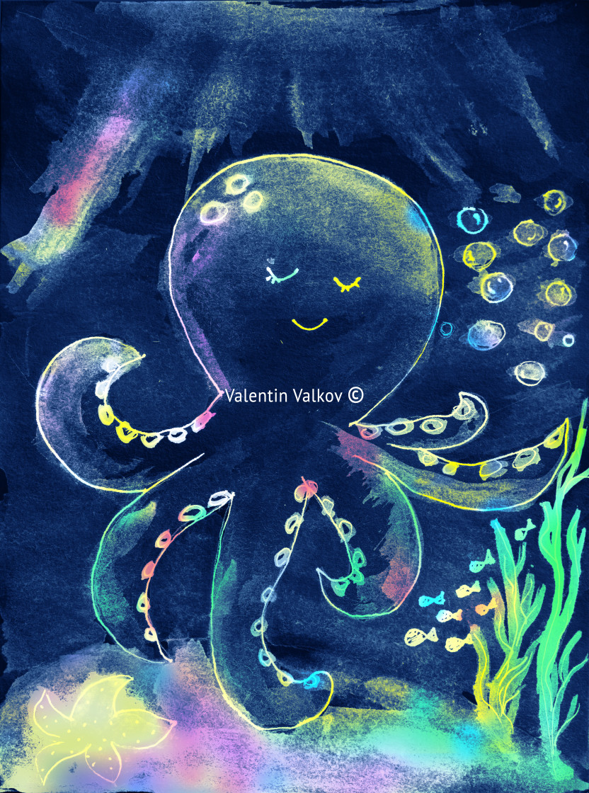 "Aquarelle watercolor painting of cute octopus in a deep sea with sun rays in water painting on canvas" stock image