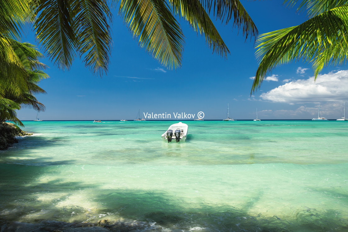 "Carribean sea and boat on the shore, beautiful panoramic view" stock image