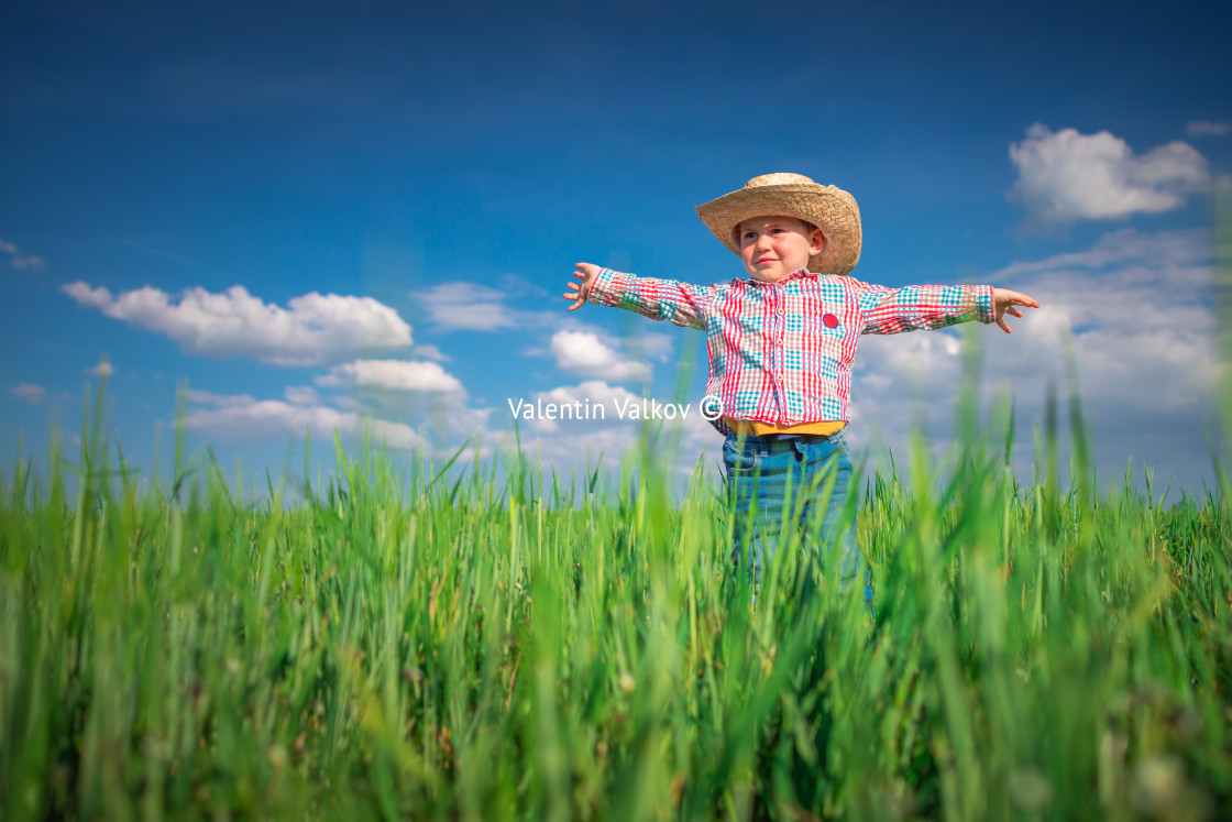 "Little farmer boy with straw hat in a green wheat field. Agriculture and farming concept." stock image