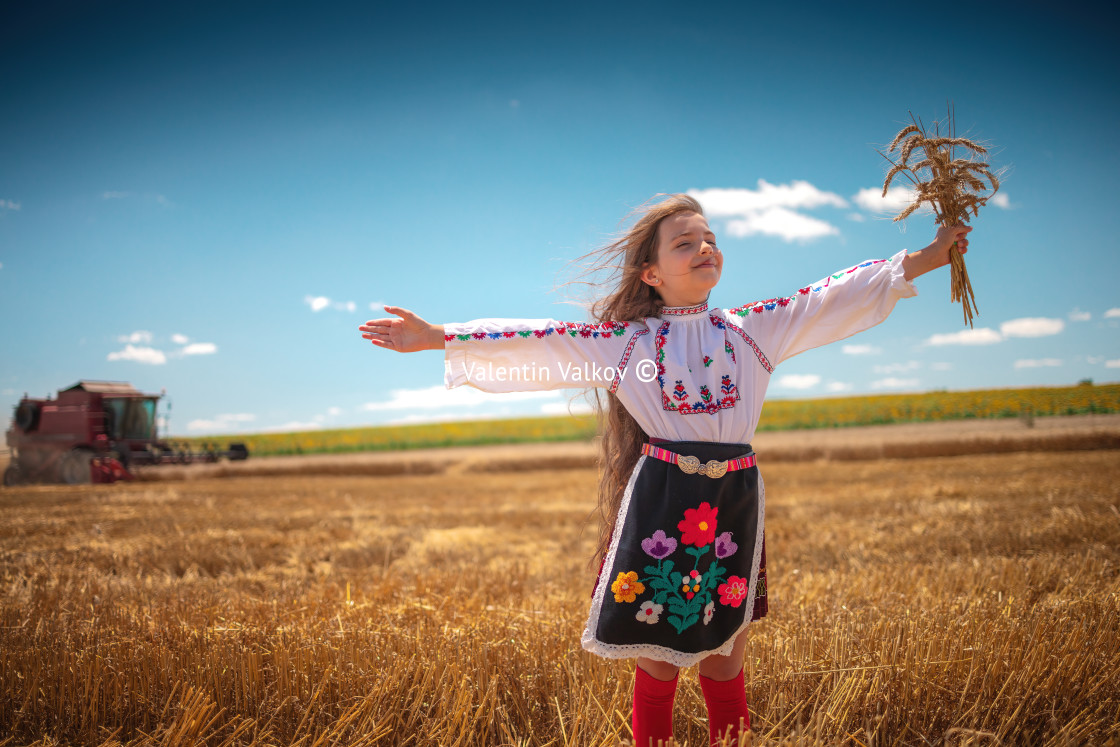 "Young girl with traditional Bulgarian folklore costume at the agricultural wheat field during harvest time with industrial combine machine" by Valentin Valkov - $24.48 "Young girl with traditional Bulgarian folklore costume at the agricultural wheat field during harvest time with industrial combine machine" stock image