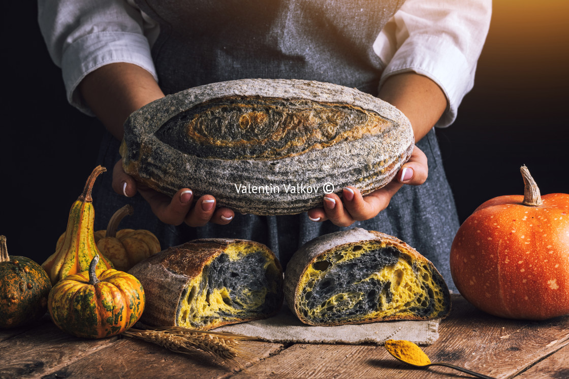 "Homemade crusty sourdough bread oven baked and woman baker with autumn foods in kitchen" stock image