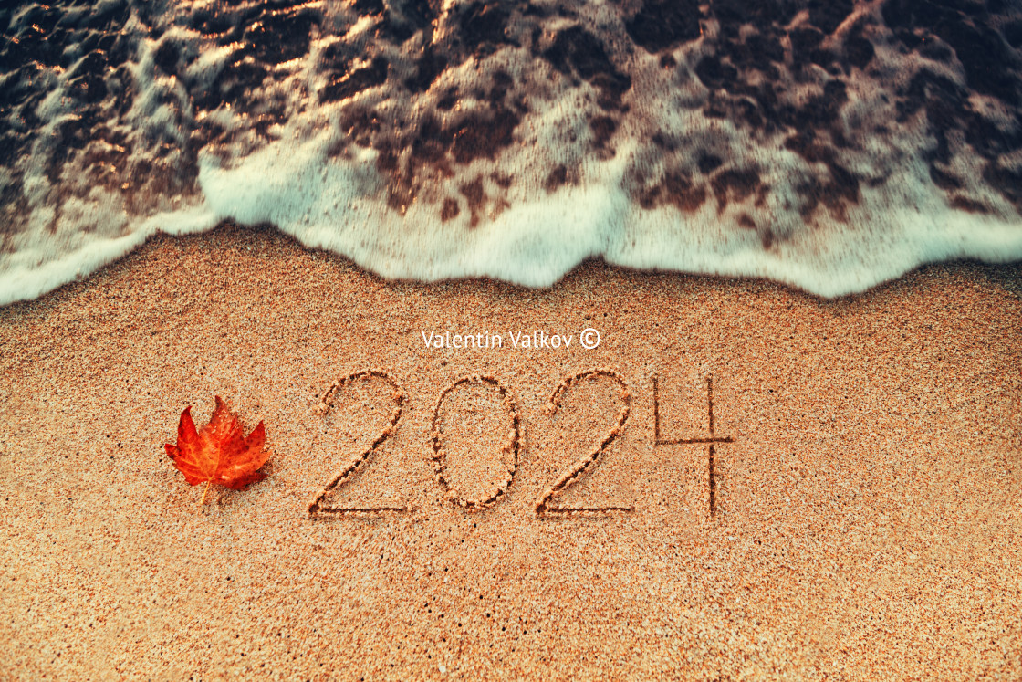"Happy New Year 2024 concept on the sea beach; sunrsie shot" stock image