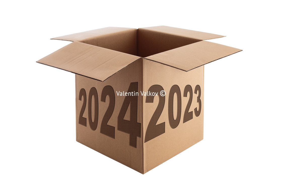 "Happy New Year 2024 concept, lettering on the Open Cardboard box isolated on a white with clipping path" stock image