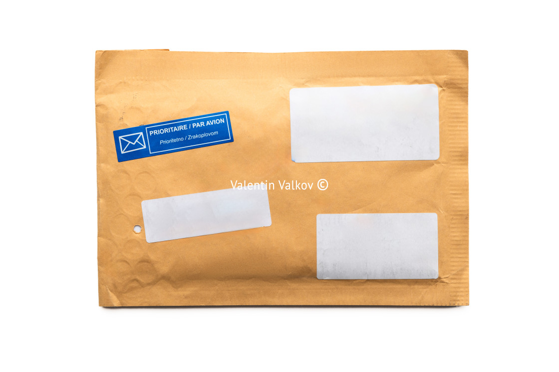 "Padded envelope top view isolated on white background, cardboard bag, package paper letter." stock image