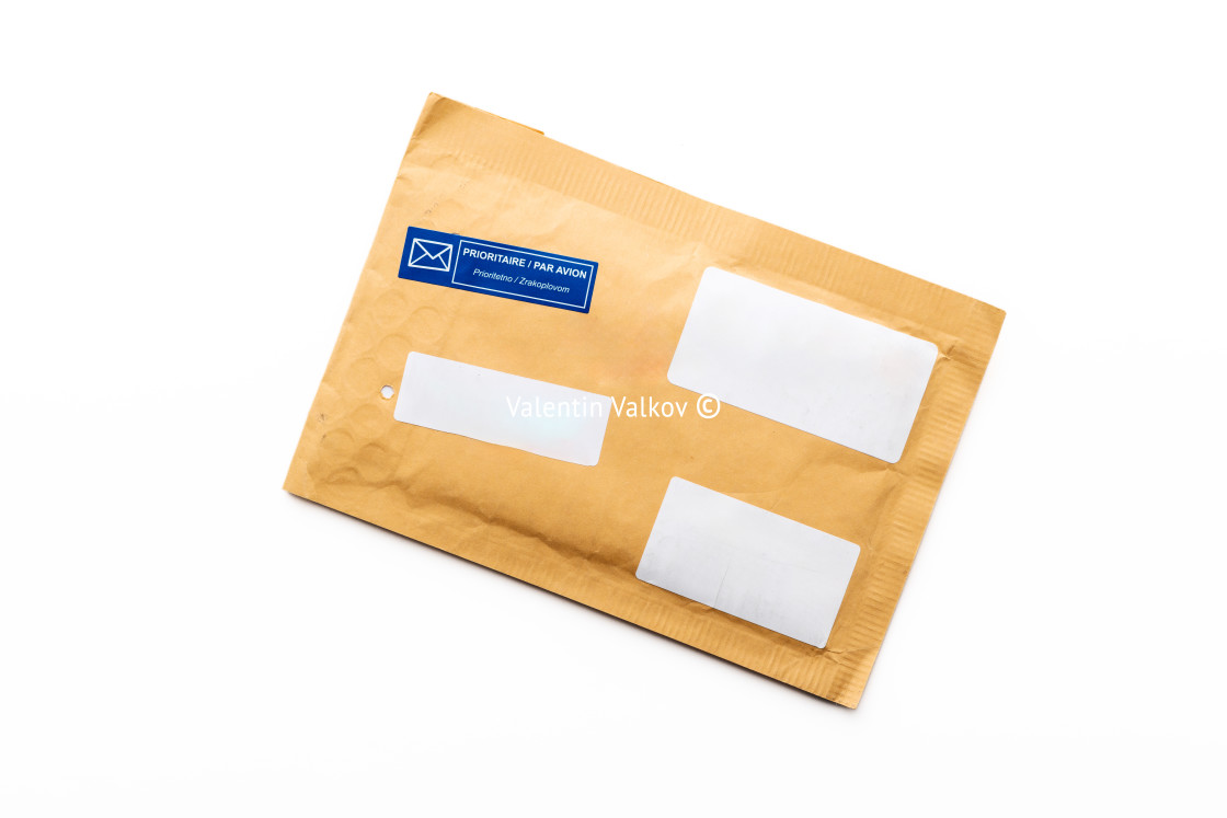 "Padded envelope top view isolated on white background, cardboard bag, package paper letter." stock image