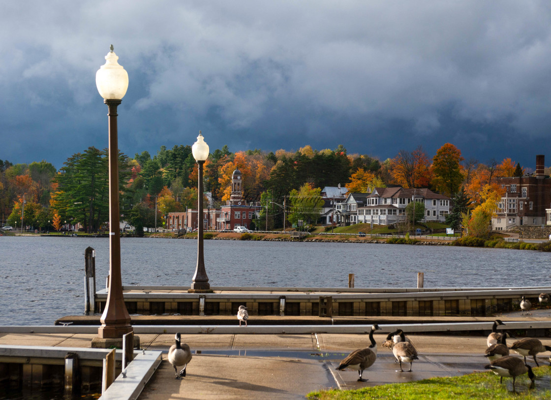 "Harrietstown Town Hall across Lake Flower" stock image