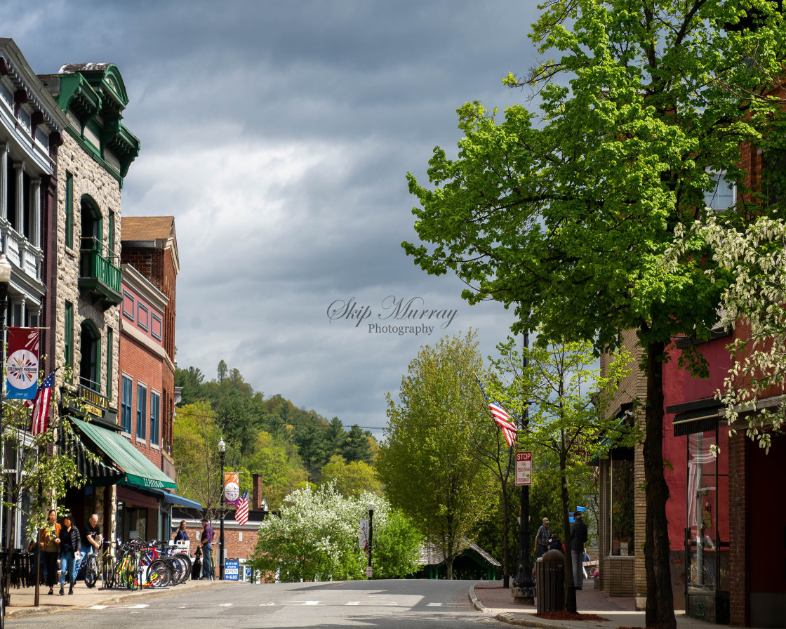 "Village of Saranac Lake, NY, looking up Main St." stock image