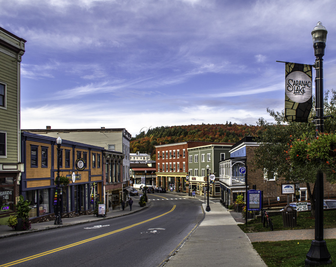 "Looking down Broadway in the Village of Saranac Lake, NY" stock image