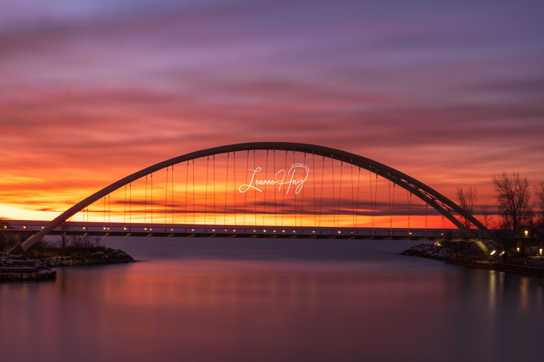 "Winter Sunrise Over Toronto's Humber Bay Bridge" stock image