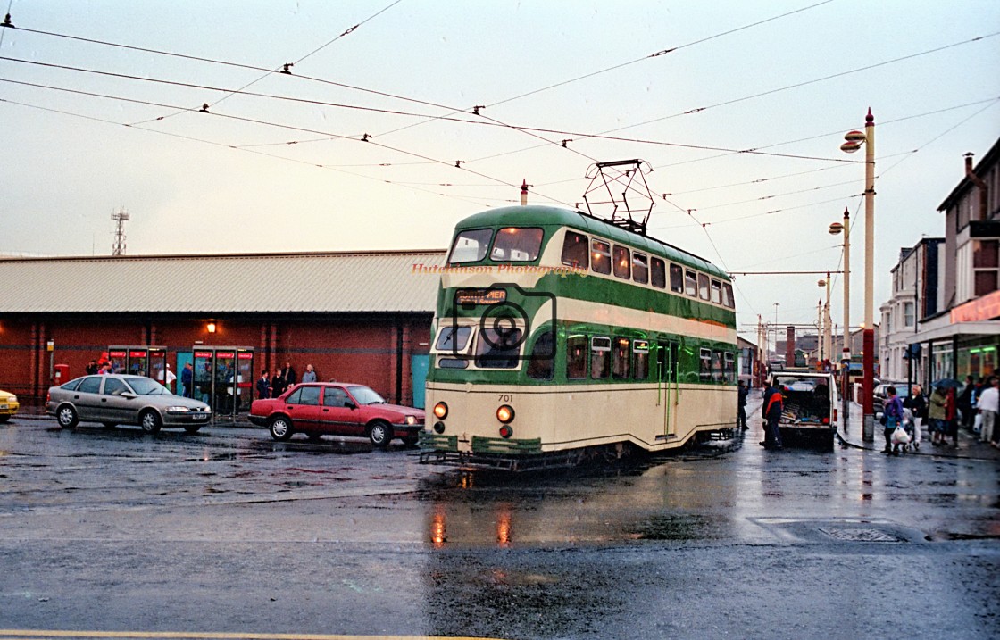 "Blackpool Balloon Tram 701on a wet day" stock image