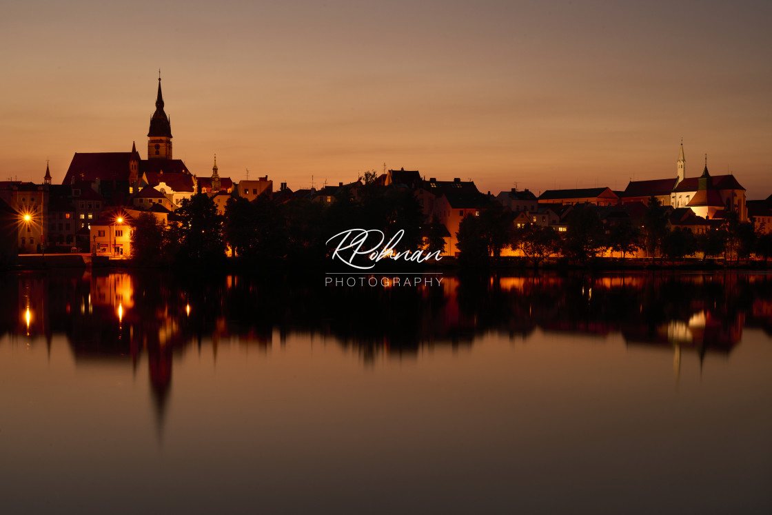 "ancient town Jindřichův Hradec at sunset" stock image