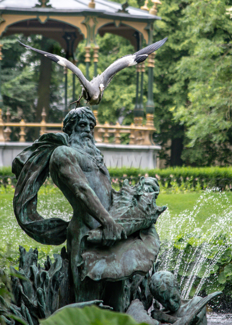 "Great Blue Heron taking off from fountain statue" stock image