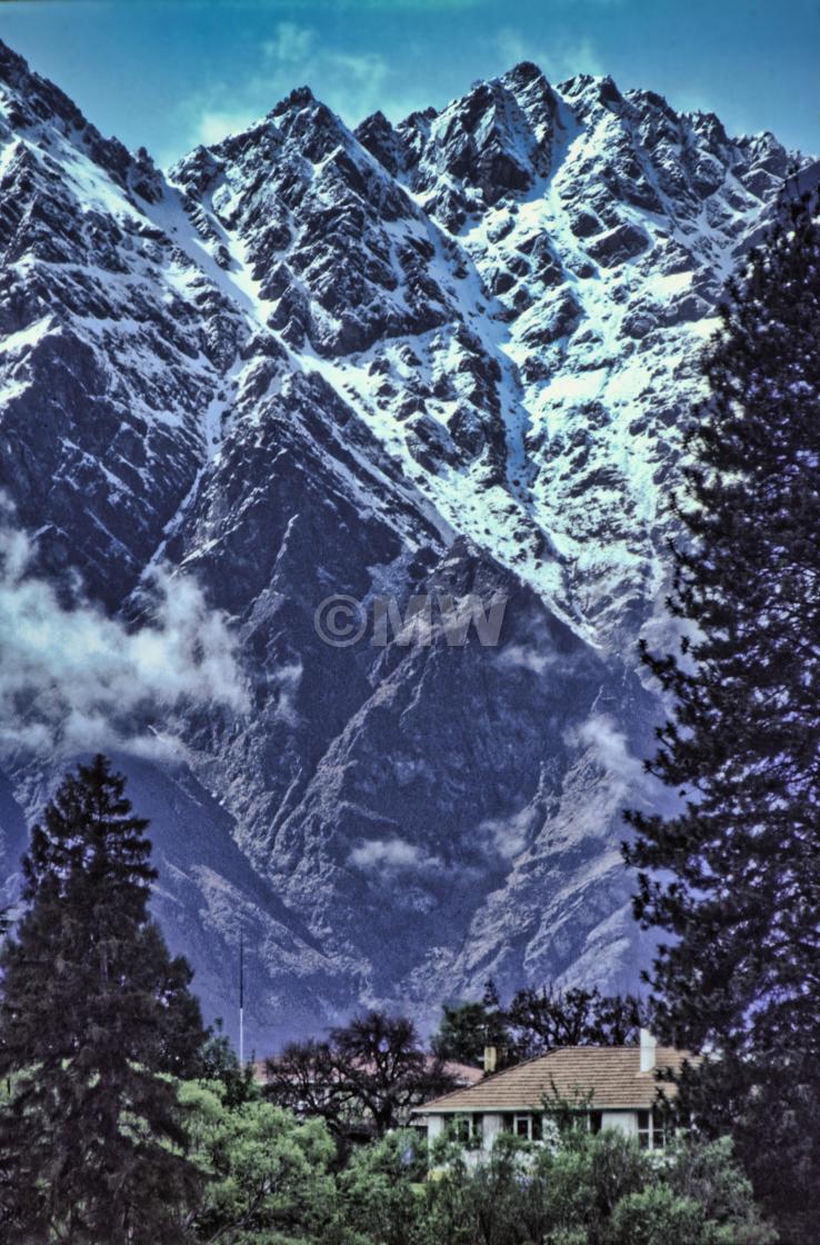 "Remarkables range with house at dusk" stock image