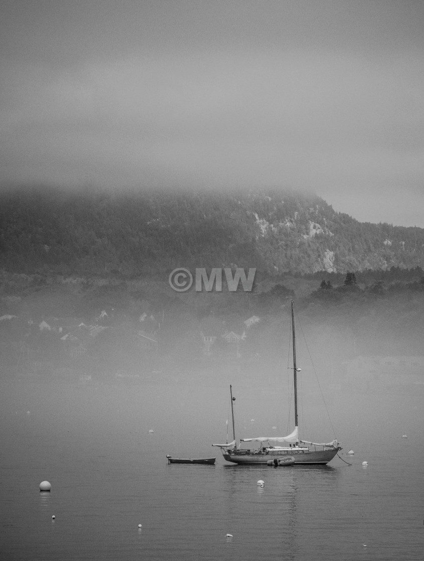 "Misty harbor & boat" stock image