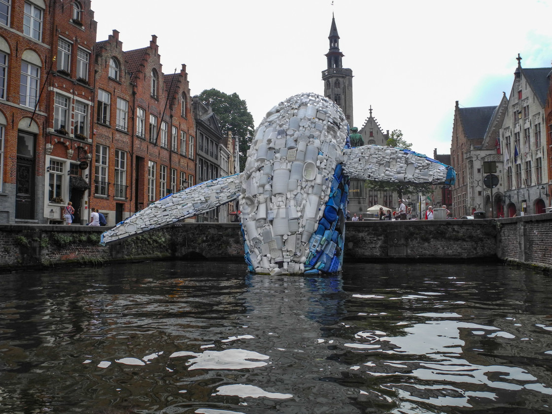 "Plastic garbage whale sculpture" stock image