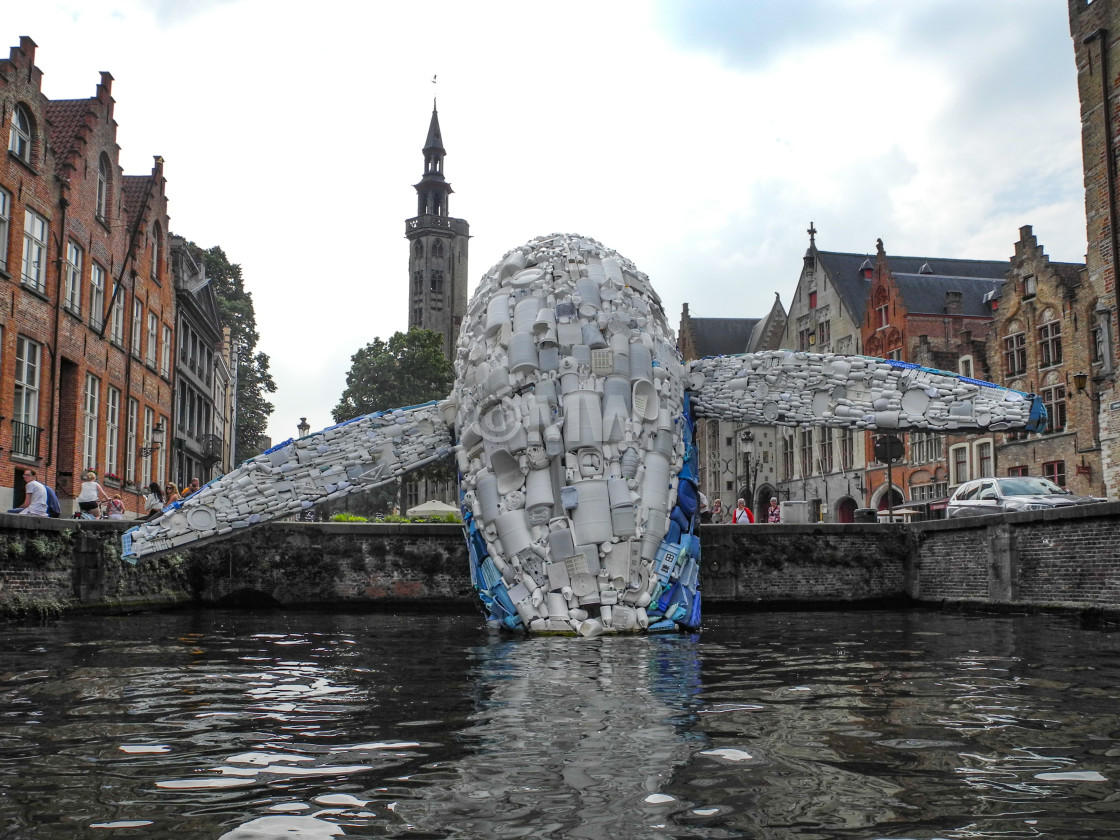 "Plastic garbage whale sculpture" stock image