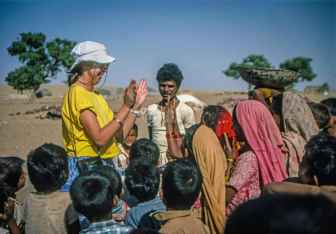 "Tourist & local kids, Rajasthan" stock image