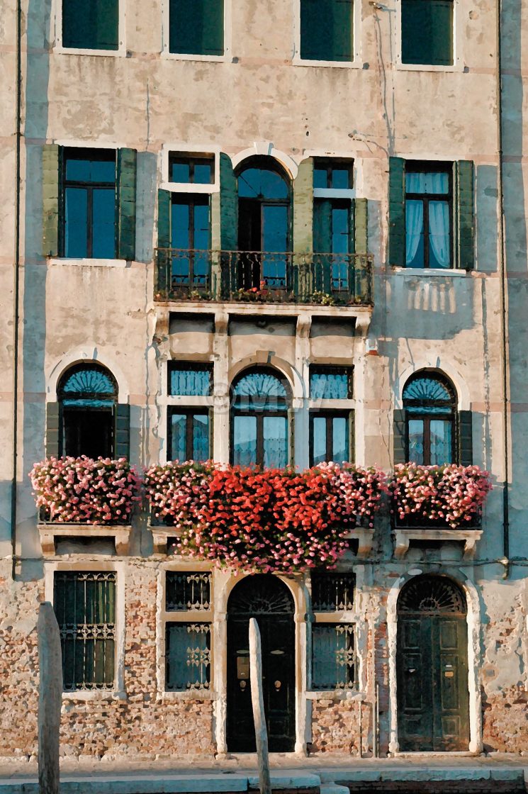 "House with flowers, dry brush effect" stock image