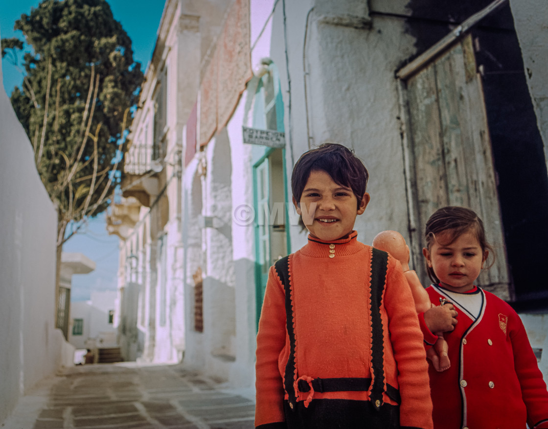 "Two children, Chora, Ios,1972" stock image