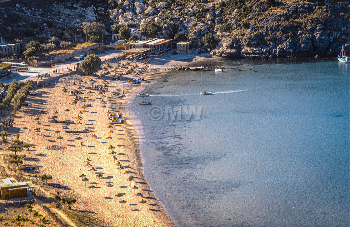 "Lindos beach from above" stock image