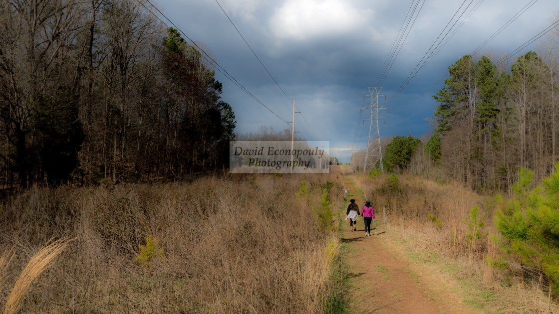 "Women walking along path next to power lines with storm clouds in the background" stock image