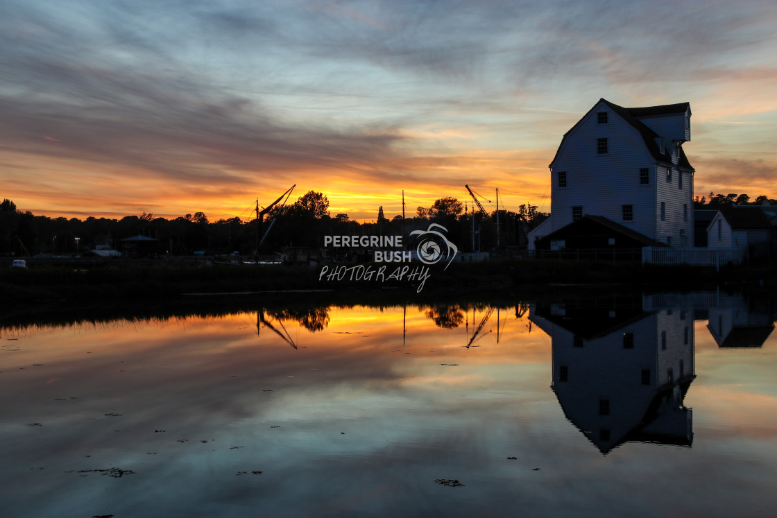 "Woodbridge Tide Mill and Tide Pool at sunset" stock image