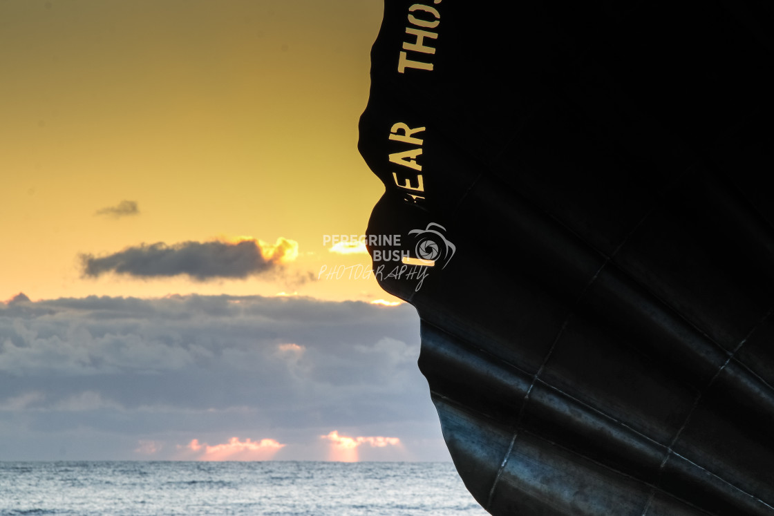 "The Scallop on Aldeburgh beach at dawn" stock image